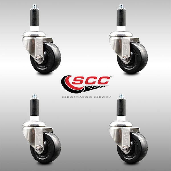 3 Inch 316SS Soft Rubber Wheel Swivel 1 Inch Expanding Stem Caster Set SCC